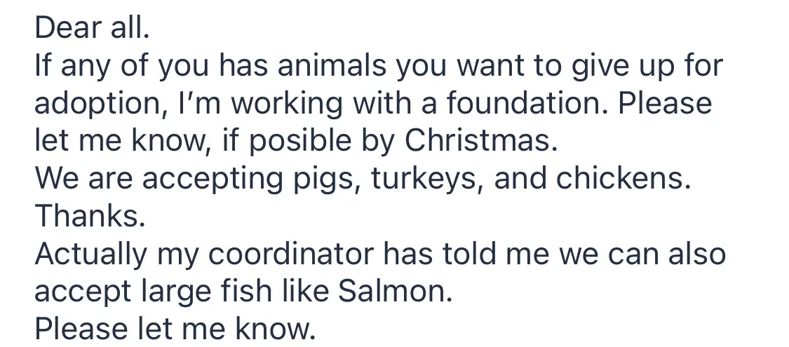 A plain white background with dark blue text that reads a message asking people to donate animals for adoption, listing…
