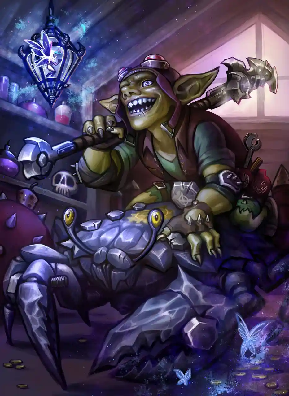 A green-skinned goblin with a wide, toothy grin and goggles holds a wrench while sitting atop a large, armored crab-like…