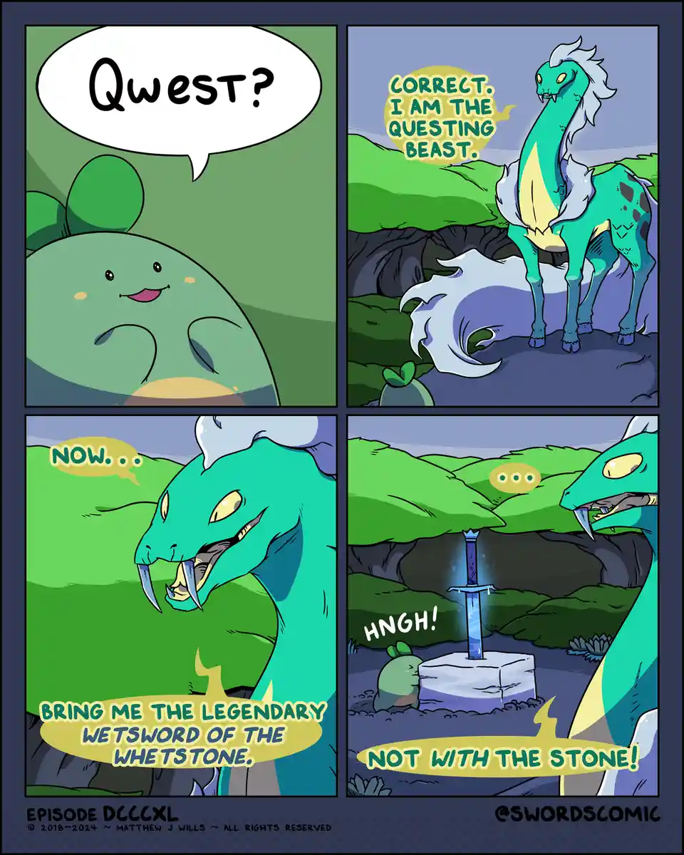 A four-panel comic shows a small green creature asking 'Qwest?' to a dragon, who identifies as 'The Questing Beast' and…