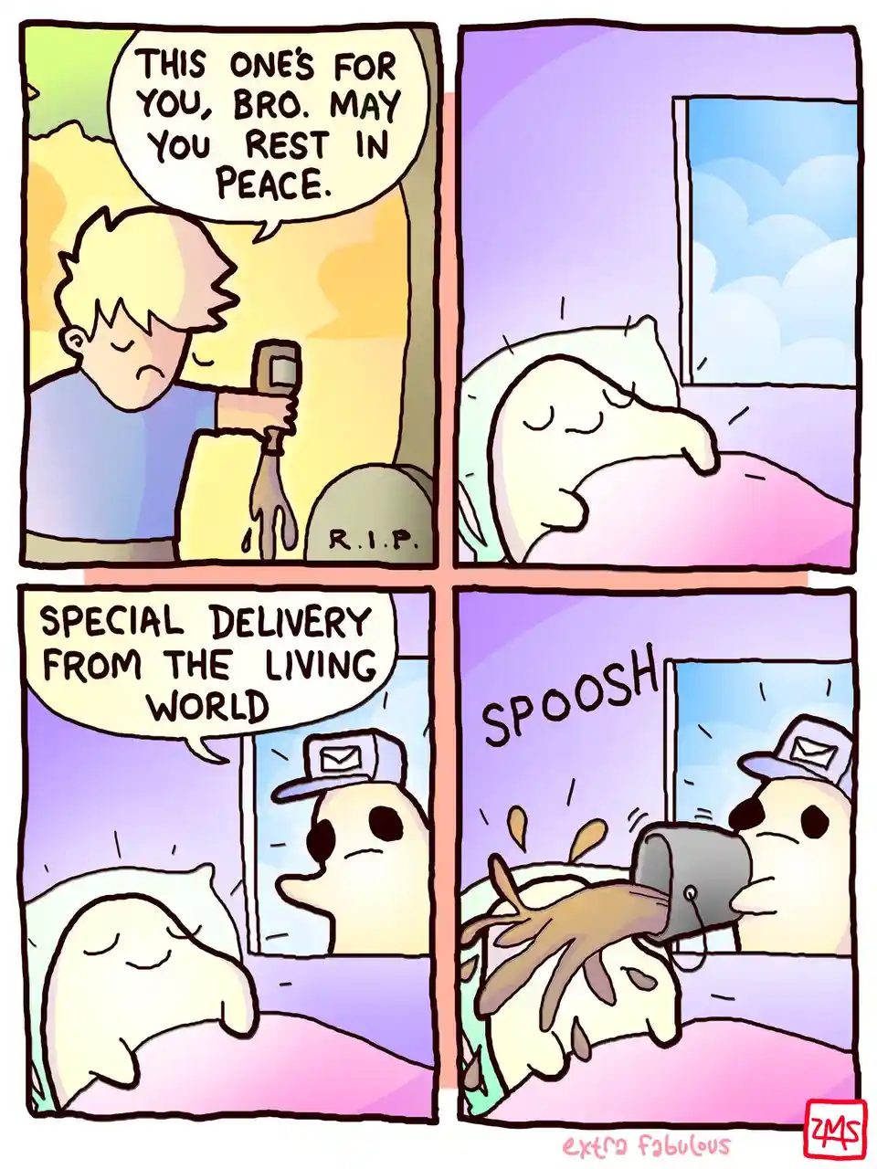 A four-panel comic shows a living person dropping a muddy object onto a grave, then a ghost receiving a 'special delivery'…