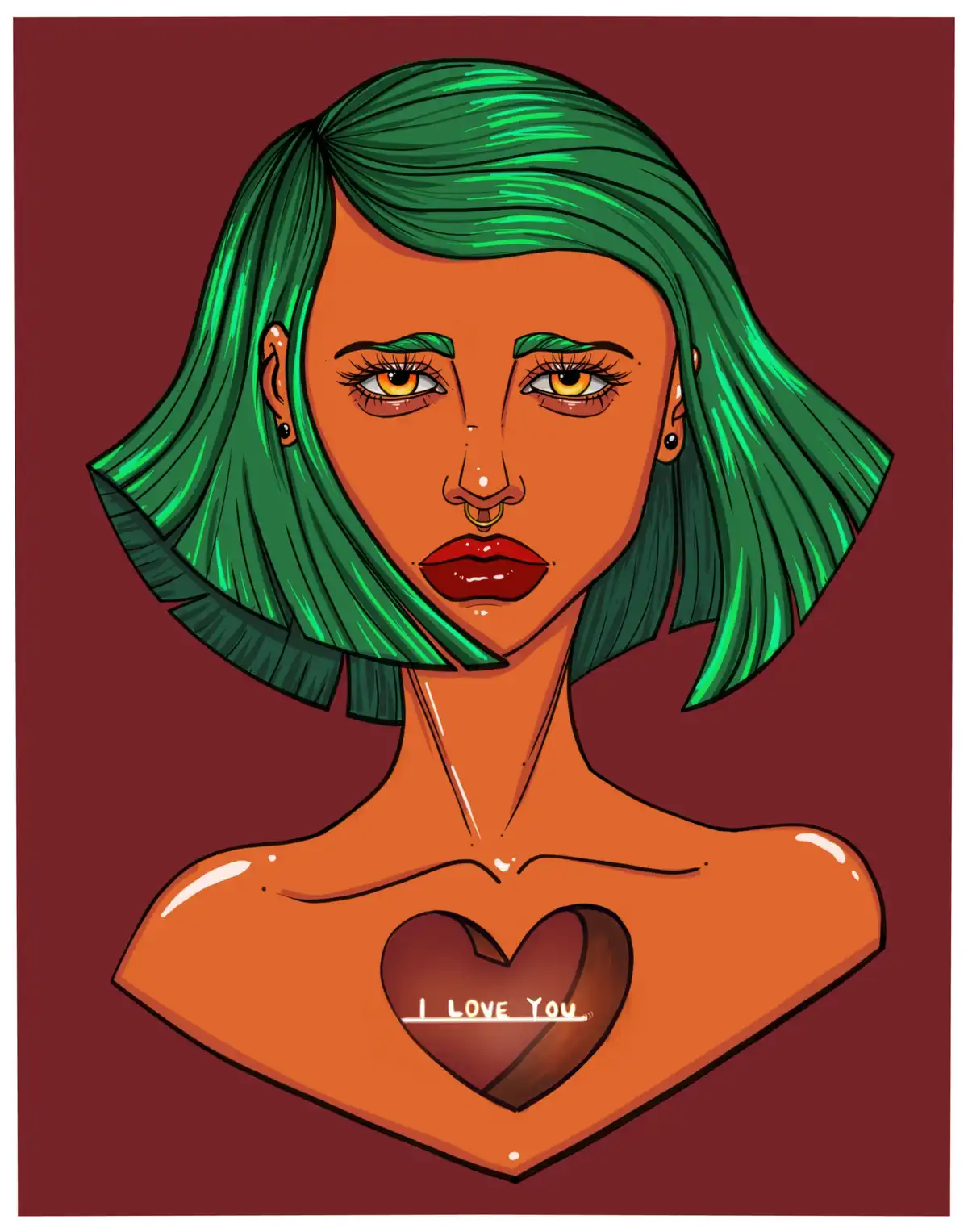 A stylized illustration of a woman with vibrant green bob hair, orange skin, and multiple piercings, set against a deep red…