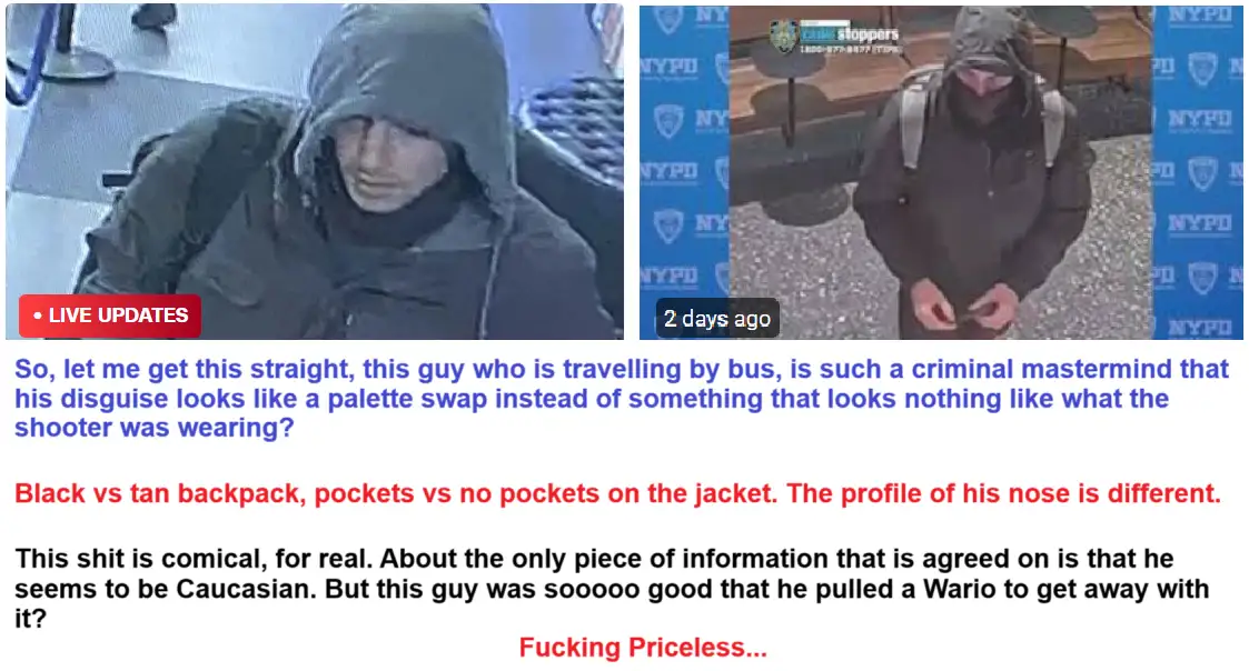 Two surveillance-style images show a person in a dark hooded jacket and backpack, one with a red 'LIVE UPDATES' banner and…