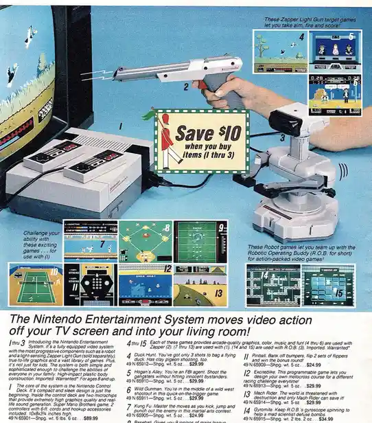 An advertisement for the Nintendo Entertainment System shows a hand holding a Zapper light gun aimed at a TV screen…