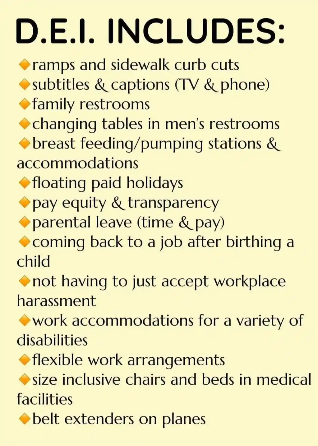 A light yellow background displays a bulleted list titled 'D.E.I. INCLUDES:' with orange diamond bullet points. The list…