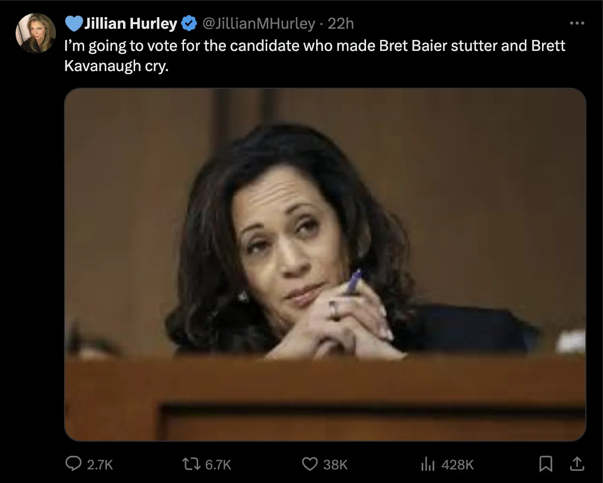 A screenshot of a tweet by Jillian Hurley showing a photo of Kamala Harris looking thoughtful while resting her chin on her…