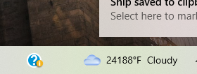 A screenshot of a computer interface shows a weather widget displaying an absurdly high temperature of 24188°F under a…