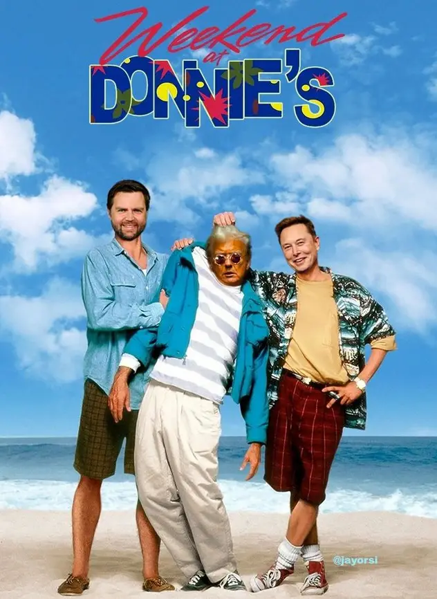 A movie poster for 'Weekend at Donnie's' featuring three men on a beach under a blue sky. The man in the center, wearing…