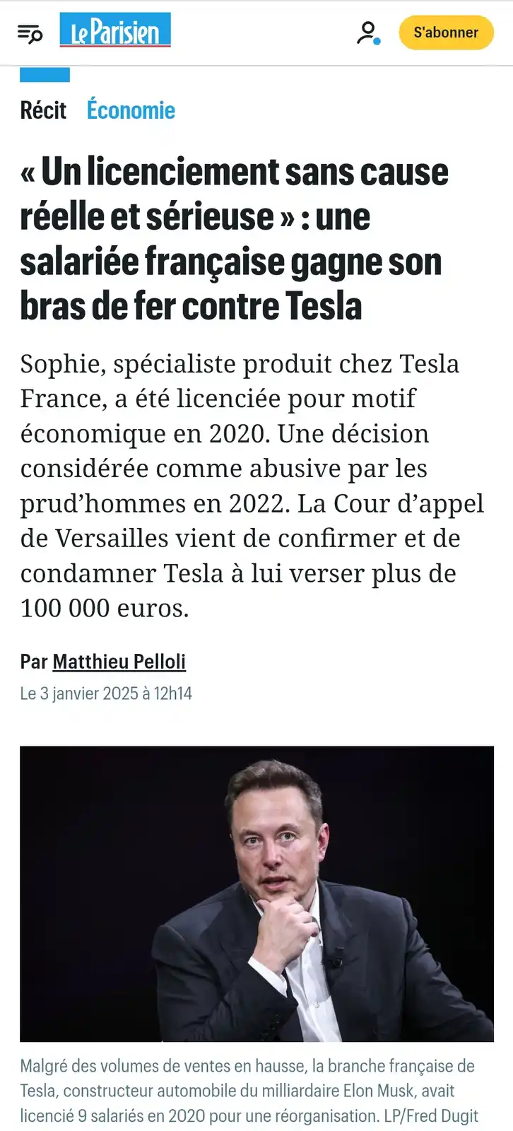 A screenshot of a Le Parisien news article about a French Tesla employee, Sophie, winning a legal case against the company…