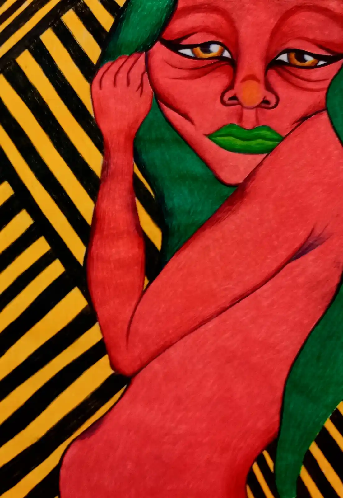 A stylized drawing of a red-skinned figure with green lips and green hair, sitting against a yellow and black striped…