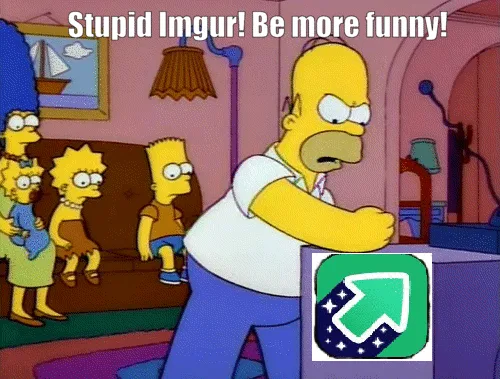 The image shows Homer Simpson in a living room, visibly frustrated and gesturing angrily at a green upload button with a…