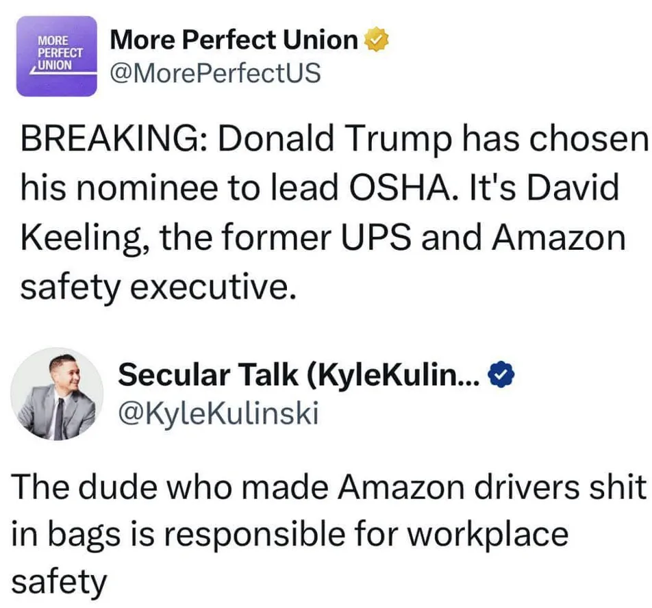 A screenshot of two Twitter posts. The first from 'More Perfect Union' announces Donald Trump's nominee for OSHA is David…