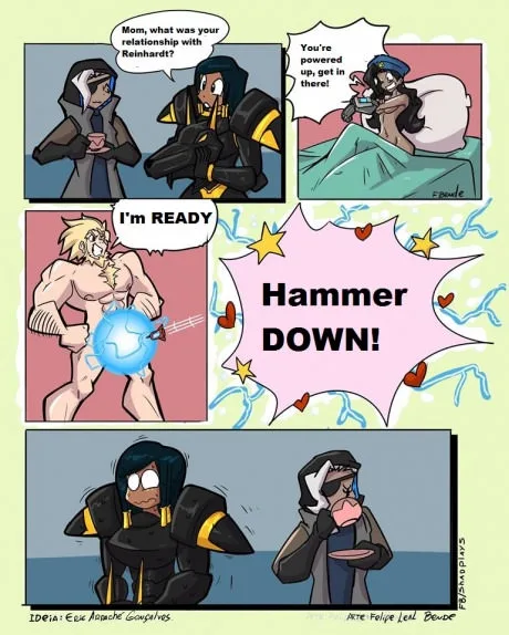 A four-panel comic strip featuring characters from Overwatch. In the first panel, a character asks their mom about her past…