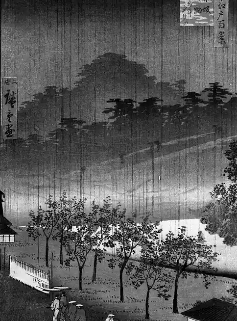 A traditional Japanese ukiyo-e woodblock print depicting a rainy scene with vertical rain streaks, trees, and figures with…