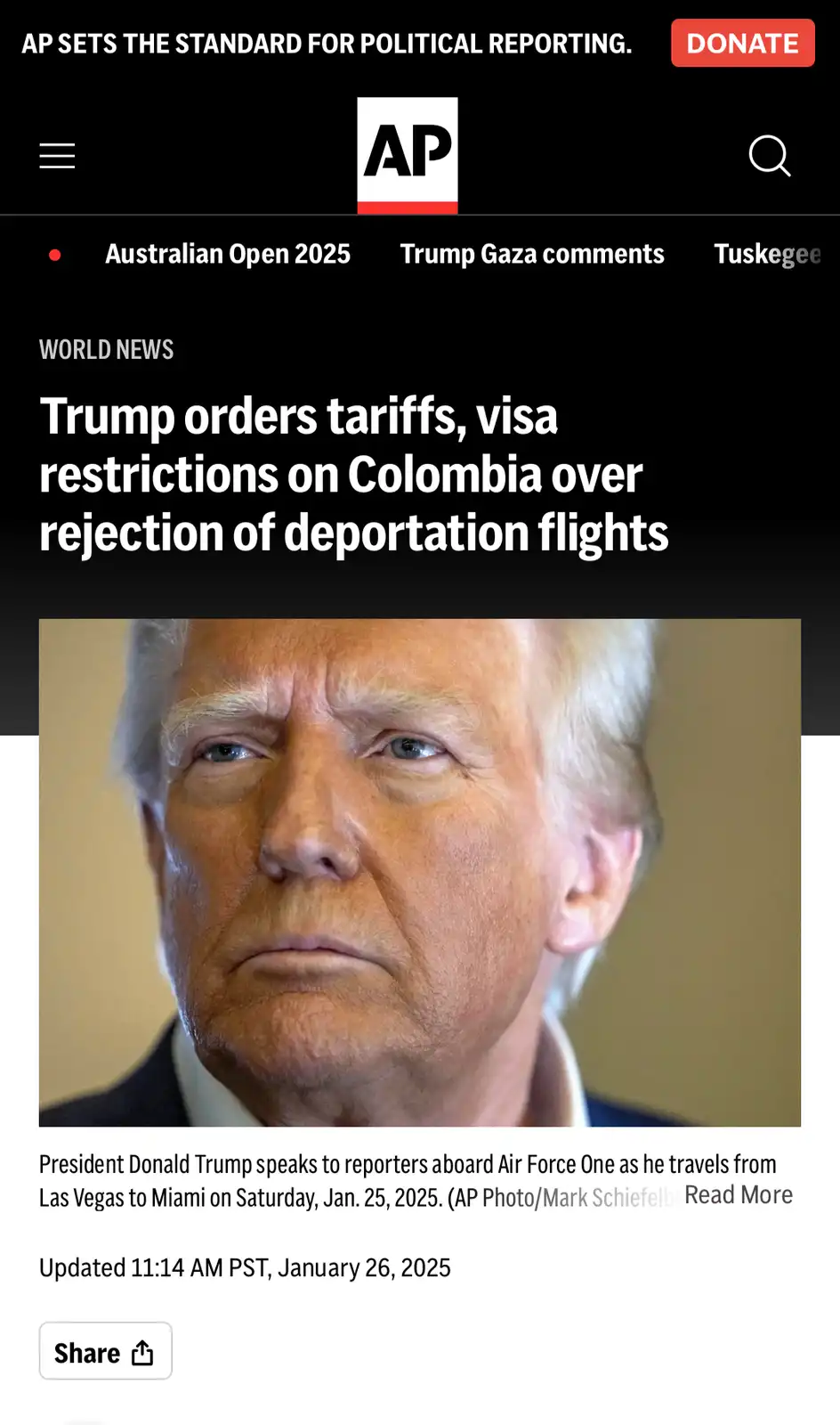A screenshot of an Associated Press news article from January 26, 2025, featuring a close-up photo of Donald Trump with a…