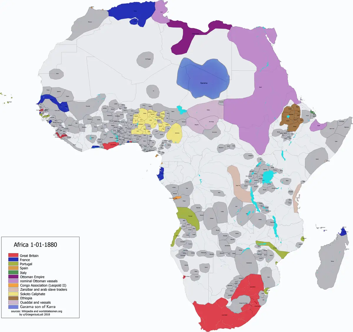 A historical map of Africa in 1880, showing colonial territories and indigenous states, with a legend identifying control by…