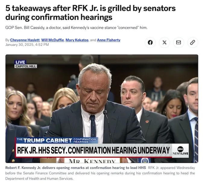 A screenshot from an abc news broadcast shows robert f. kennedy jr. speaking at a confirmation hearing for the position of…