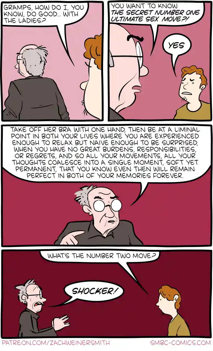 A comic strip shows a young man asking his grandfather for advice on dating. The grandfather dramatically reveals a complex…