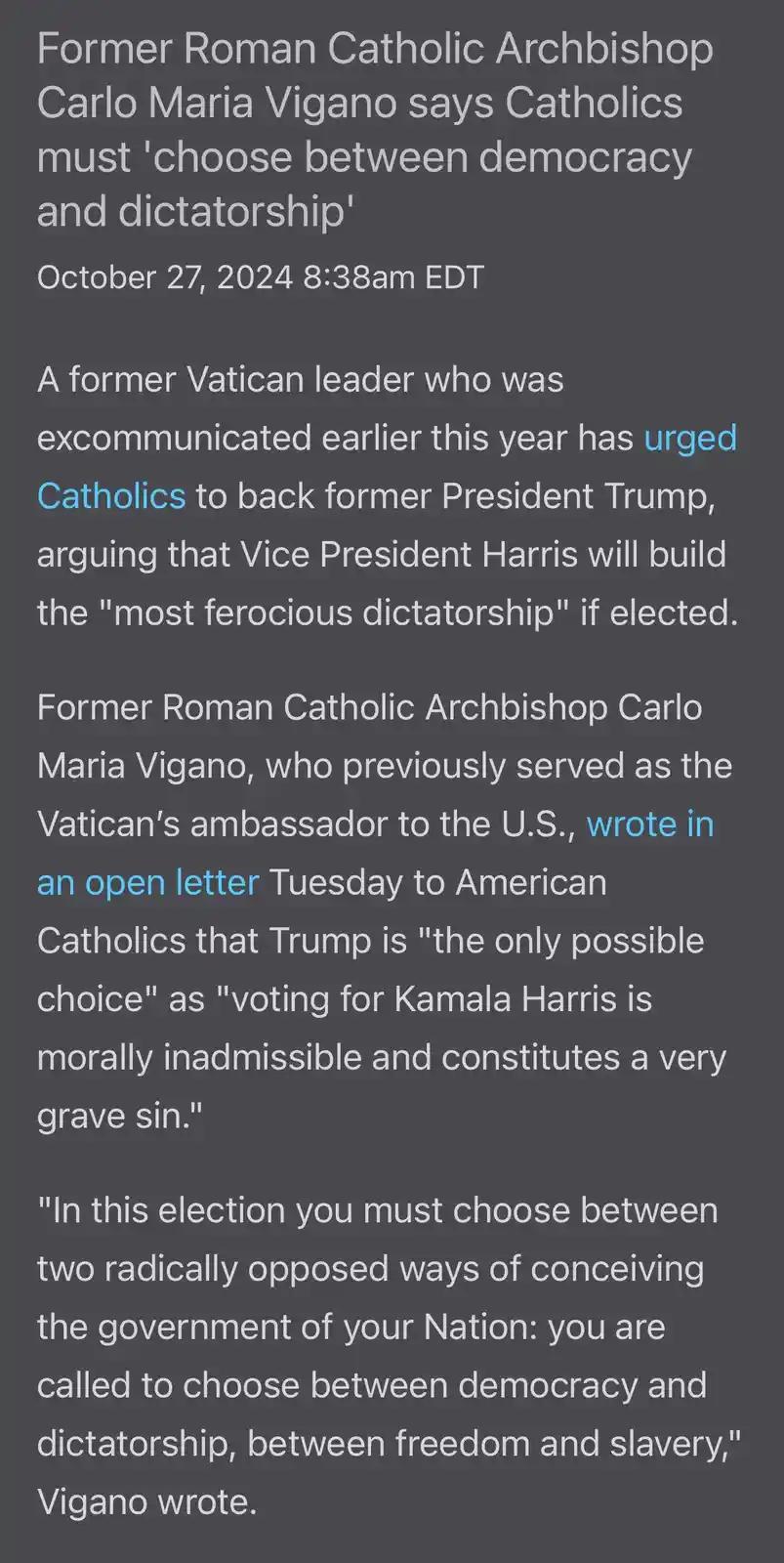 The image displays a screenshot of a news article dated October 27, 2024, reporting that former Vatican leader Carlo Maria…
