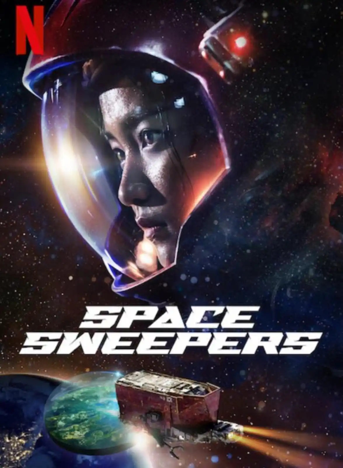 A promotional poster for the Netflix show 'Space Sweepers' features a close-up of an astronaut in a helmet with a reflective…