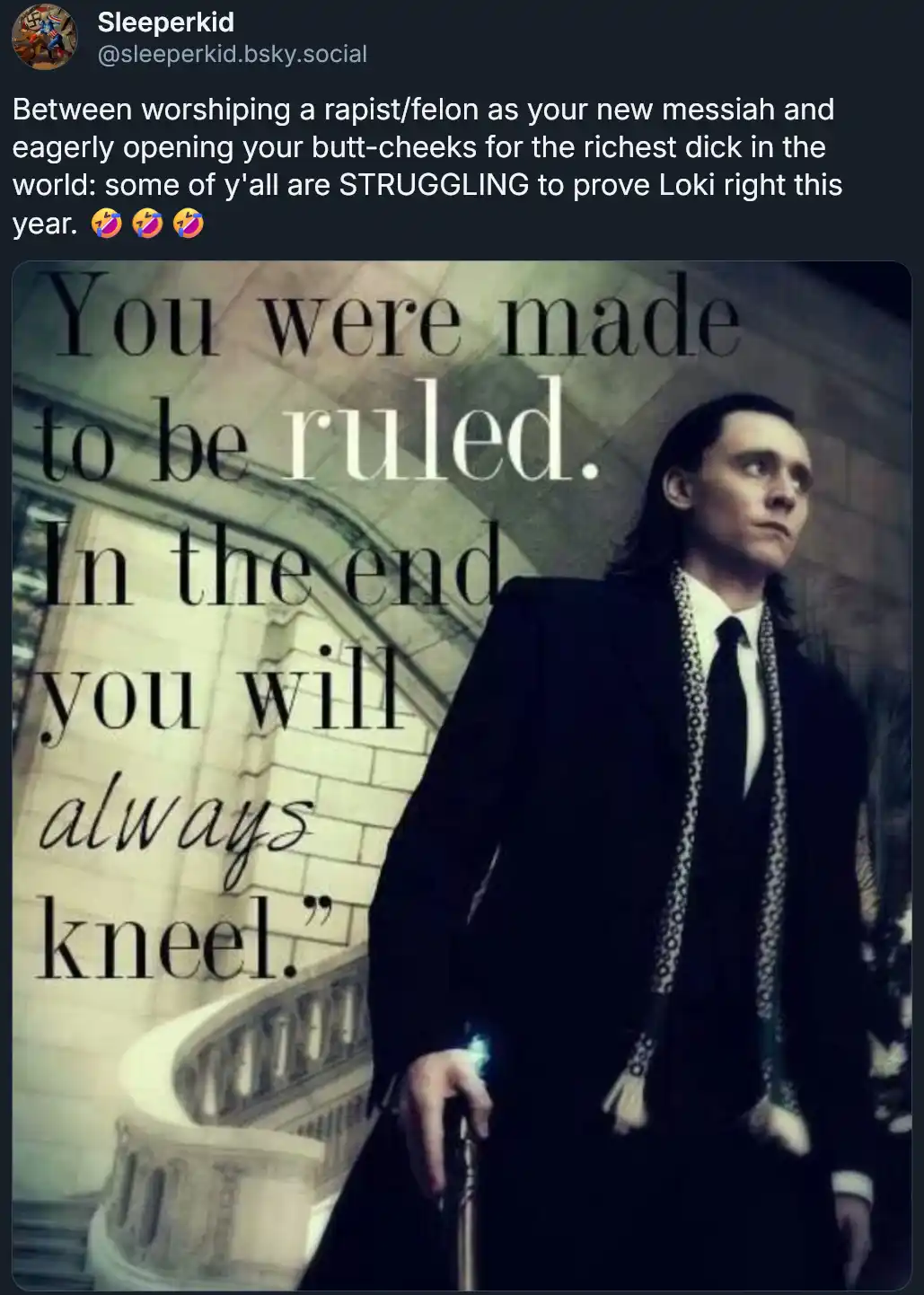 A still image of Loki from the Marvel Cinematic Universe, dressed in a black suit with a patterned scarf, holding a staff…
