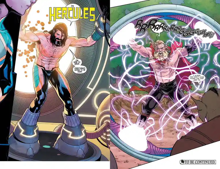 The image is a two-panel comic spread. The left panel shows a muscular, bearded man in futuristic boots introducing himself…