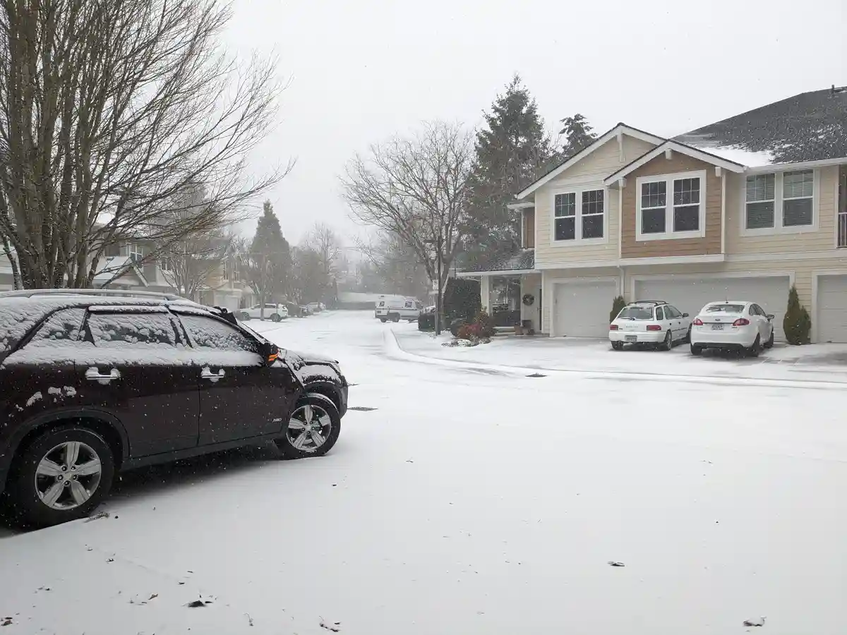 A snowy suburban street with cars covered in snow, including a dark SUV in the foreground and a white postal truck in the…