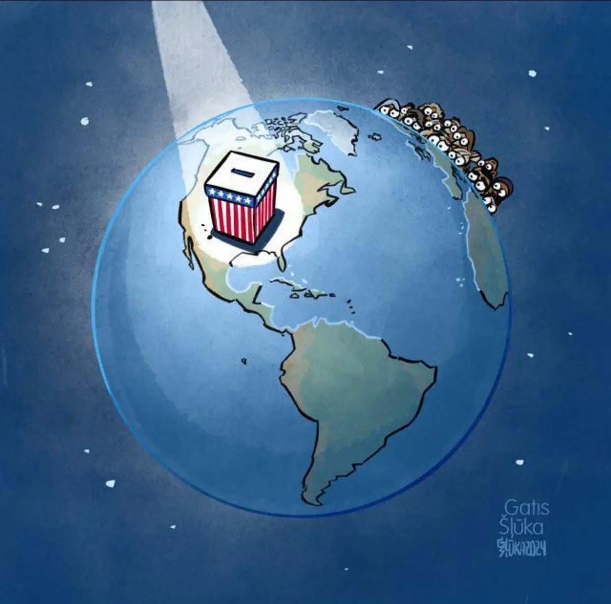 a cartoon globe shows a red, white, and blue American ballot box sitting on North America, while a line of cartoon monkeys…