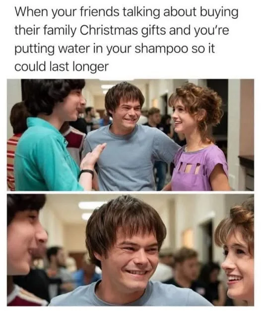 The image is a two-panel meme featuring characters from the TV show 'Stranger Things'. In the top panel, three characters…