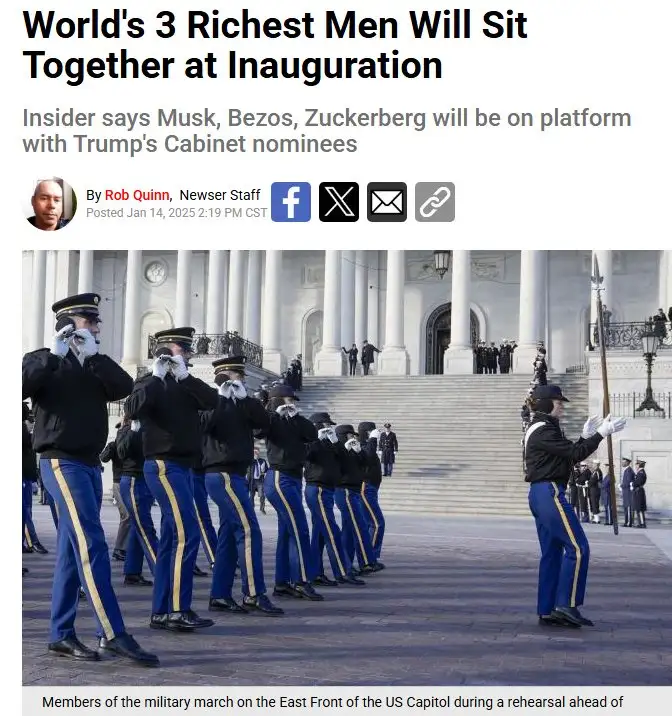 A news article screenshot shows a headline about the world's three richest men sitting together at an inauguration, with a…