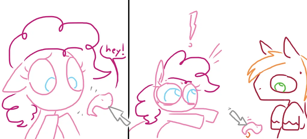 A two-panel comic shows a pink-haired character waving and saying 'hey!' in the first panel. In the second panel, the same…