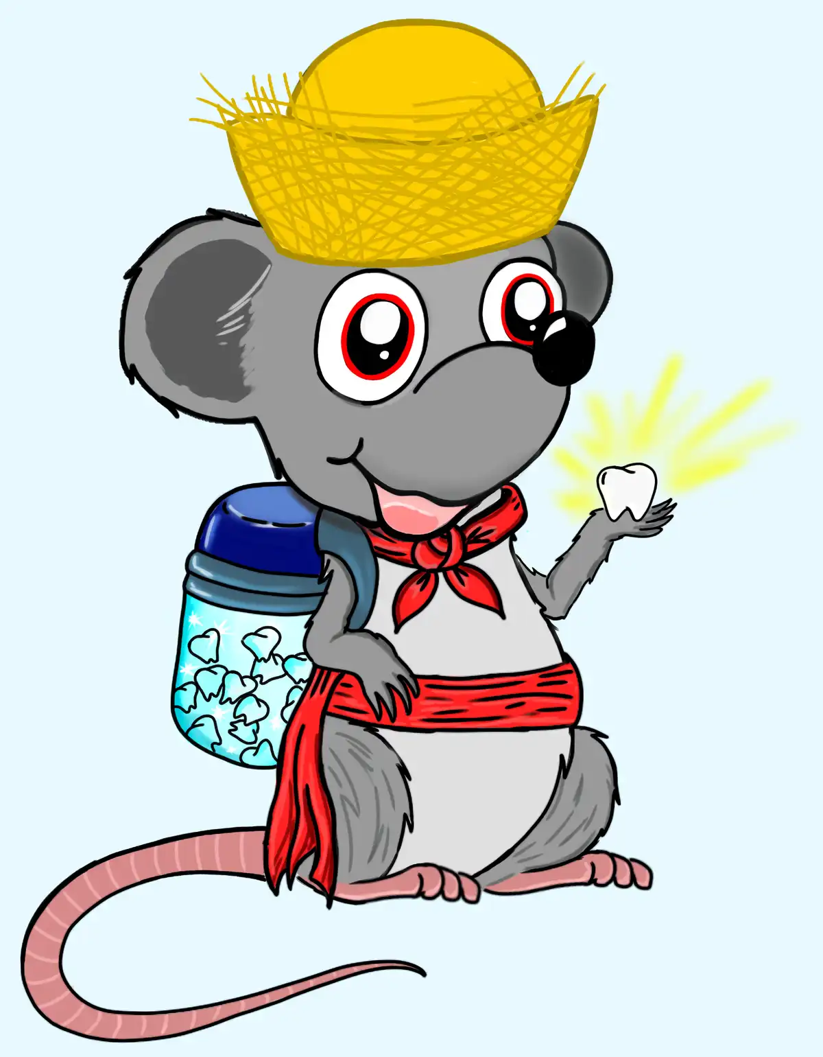A cartoon mouse wearing a yellow straw hat, red neckerchief, and red belt, with a backpack full of teeth, holds up a single…