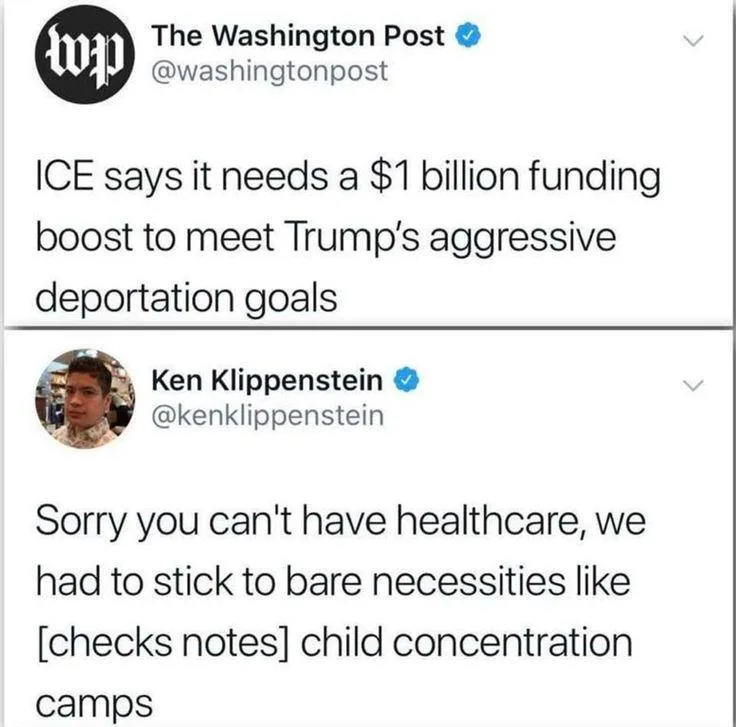The image displays two tweets. The top tweet from The Washington Post reports that ICE needs a $1 billion funding boost to…