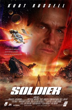 A movie poster for 'Soldier' starring Kurt Russell, showing his intense face against a sci-fi backdrop with spaceships…