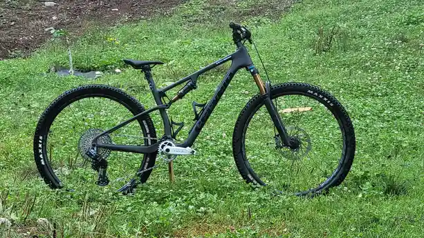 A black full-suspension mountain bike with Maxxis tires is propped upright in a grassy field dotted with clover and small…