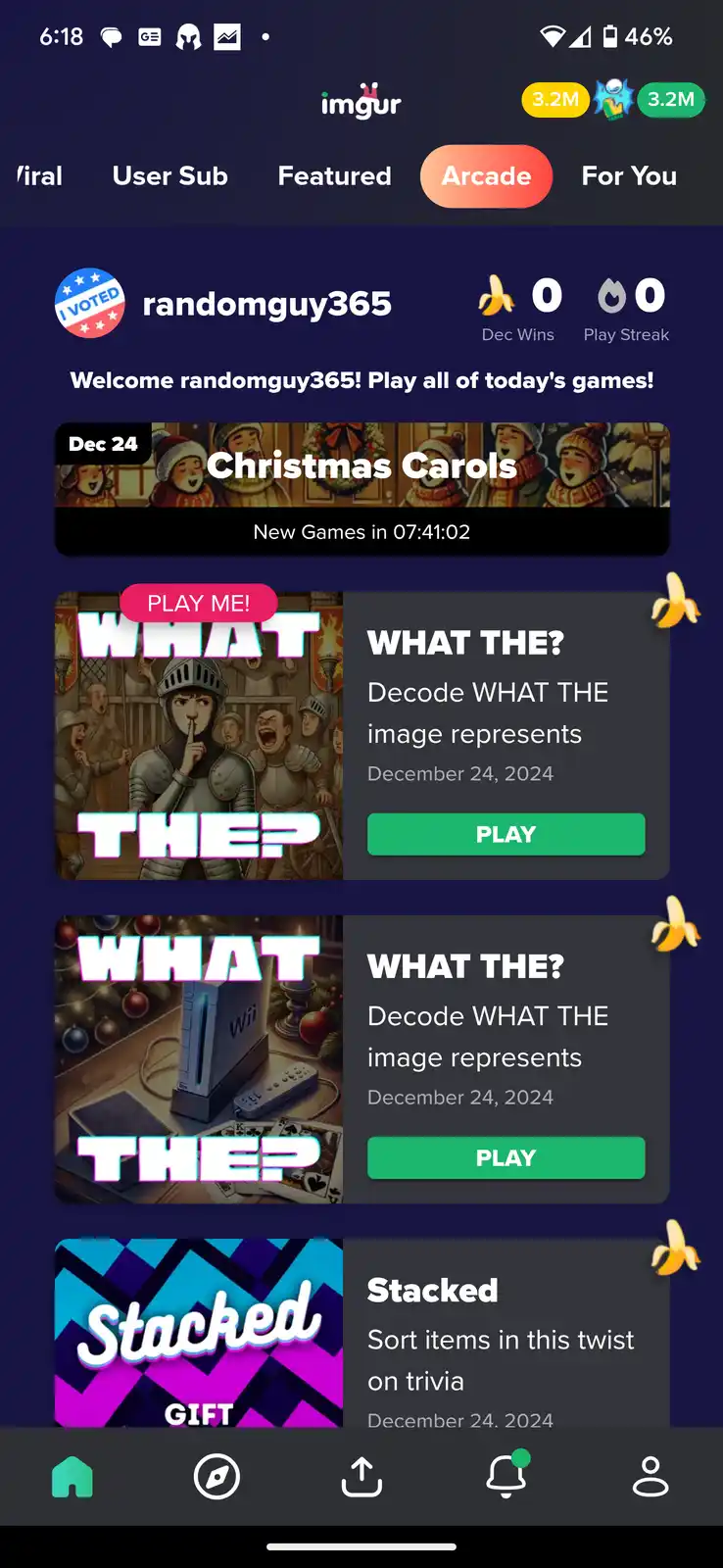 The image shows the Imgur Arcade app interface with two 'WHAT THE?' games displayed. The first game features a medieval…