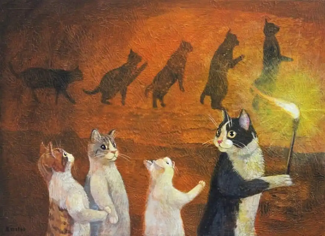 An oil painting depicts four cats in the foreground looking up at a row of five cat silhouettes in the background. One…