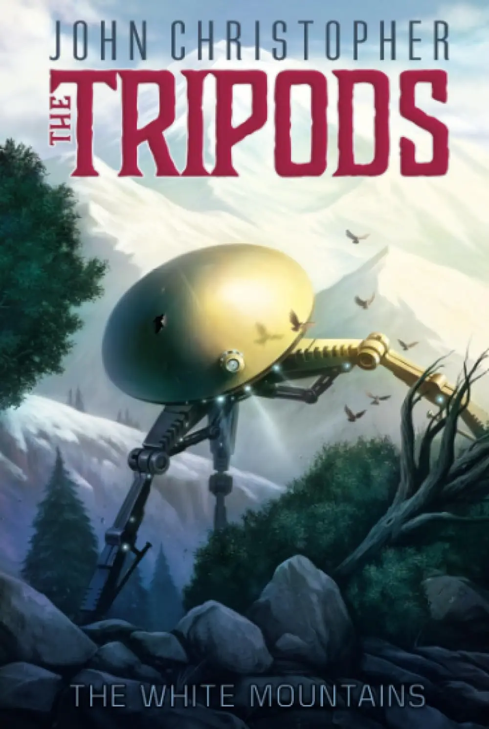 The image is a book cover for 'The Tripods' by John Christopher, depicting a large, three-legged mechanical alien tripod…