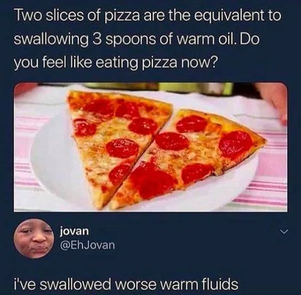 Two pepperoni pizza slices sit on a white plate atop a pink and white striped tablecloth. The overlaid text poses a question…