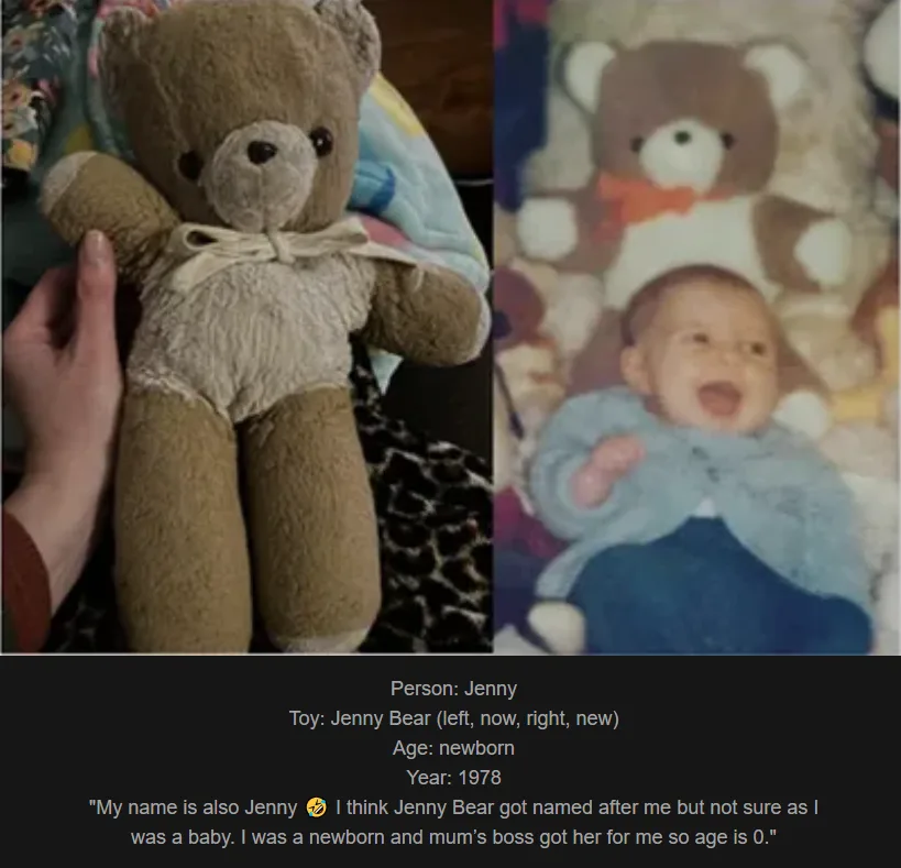 The image is a split-screen showing a worn brown teddy bear on the left and a blurry photo of a baby lying on a blanket with…