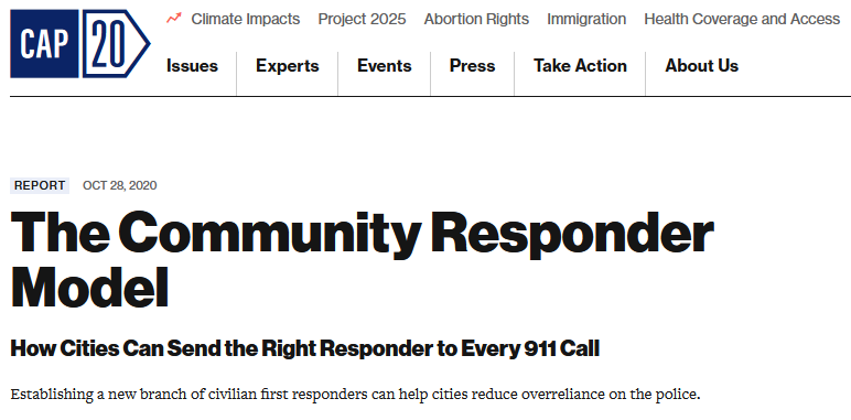 A screenshot of a CAP 20 report titled 'The Community Responder Model' dated October 28, 2020, which discusses how cities…
