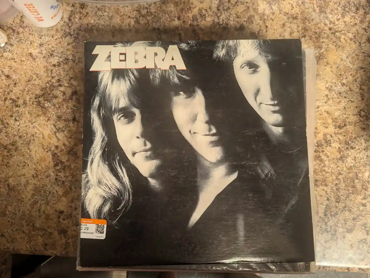 A black-and-white album cover of the band Zebra, featuring three men with long hair, is photographed on a speckled…
