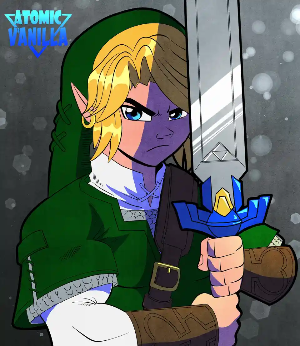 A stylized illustration of a character resembling Link from The Legend of Zelda, split vertically down the middle. The left…