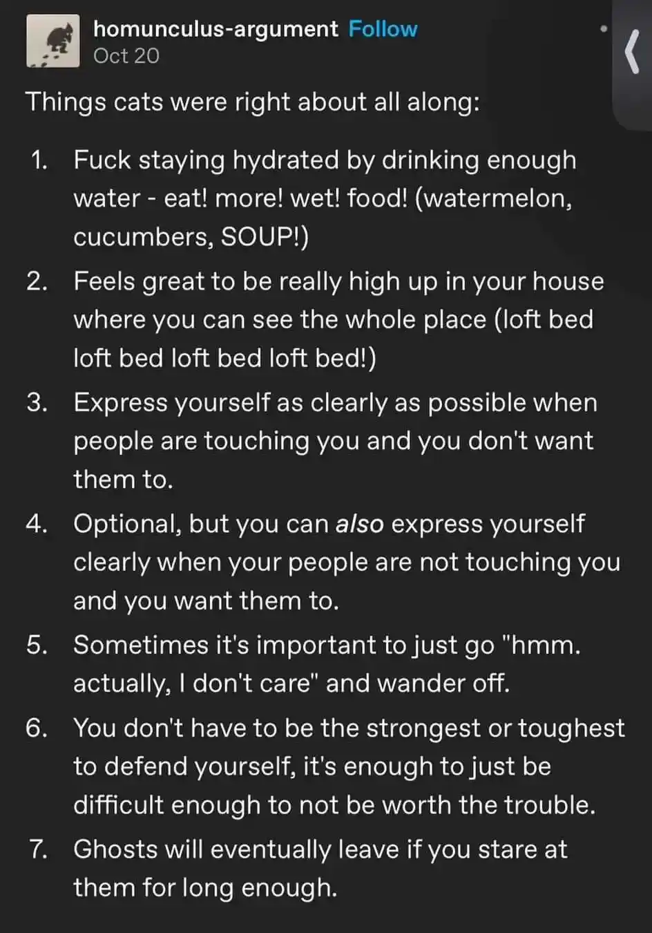 A dark-themed social media post lists seven humorous, cat-centric life philosophies, such as preferring wet food over water…