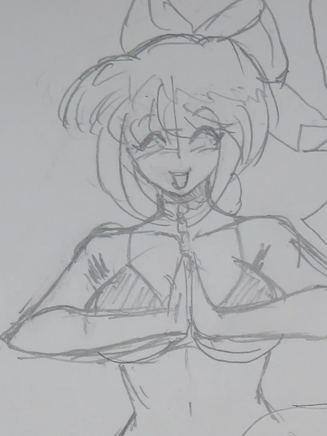 A rough pencil sketch of an anime-style girl with a large bow, smiling widely with her tongue out, wearing a detailed outfit…