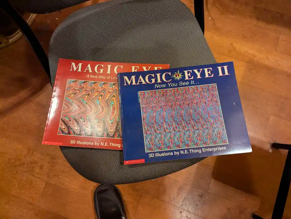Two 'Magic Eye' 3D illusion books, one red titled 'A New Way of Looking' and one blue titled 'Now You See It...', sit on a…