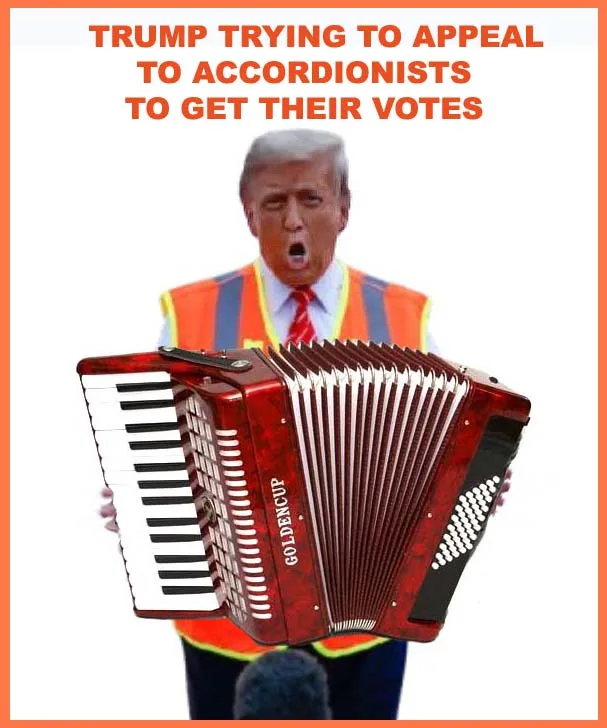A man resembling Donald Trump, wearing a bright orange safety vest over a shirt and tie, holds a red 'GOLDENCUP' accordion…