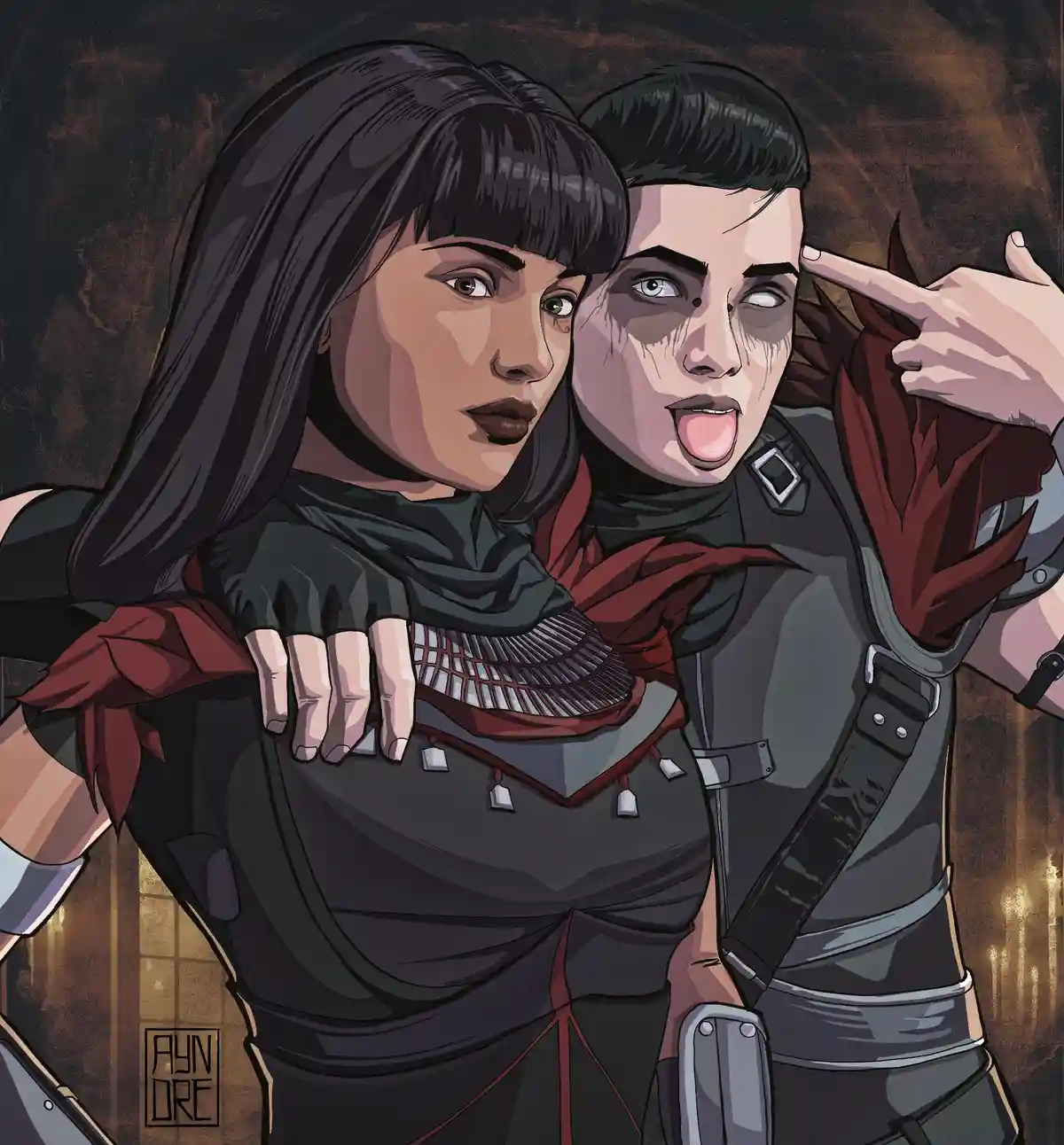 Two illustrated characters, one with a serious expression and the other with a tear-streaked face sticking out their tongue…