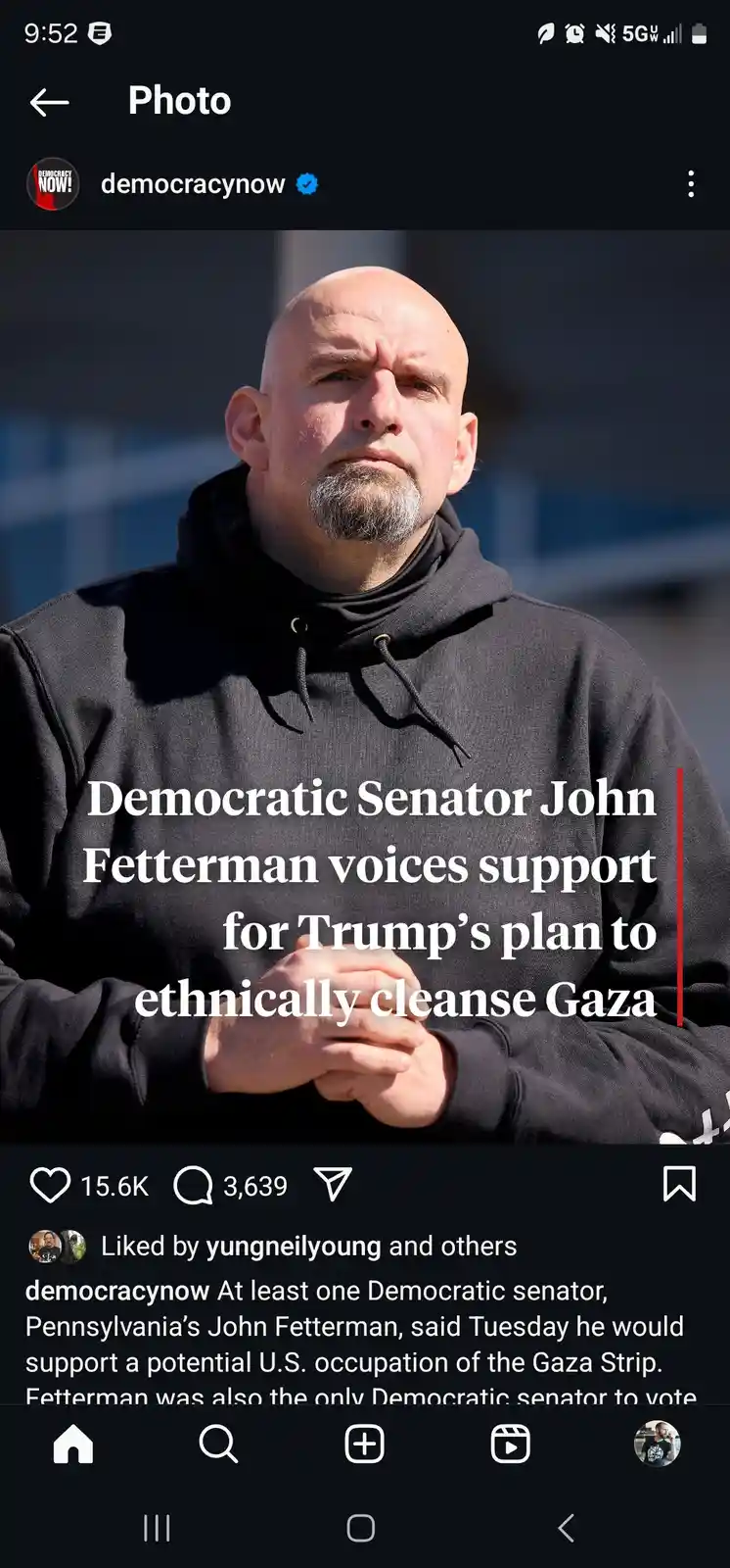 A screenshot of an Instagram post from 'democracynow' shows a photo of Senator John Fetterman wearing a black hoodie…