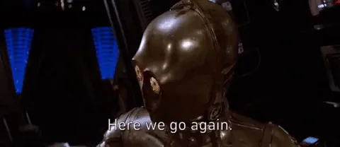 The image shows three panels of the Star Wars droid C-3PO, each progressively turning his head to face forward, with the…