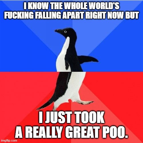 A black-and-white penguin stands centered against a blue-and-red background, with bold white text overlaid. The top text…